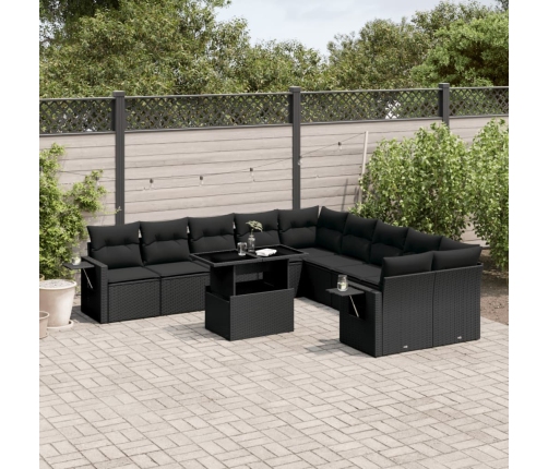 Set de sofás de jardín 11 pzas y cojines ratán sintético negro