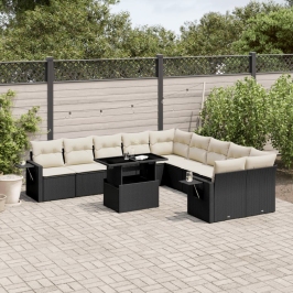 Set de sofás de jardín 11 pzas y cojines ratán sintético negro
