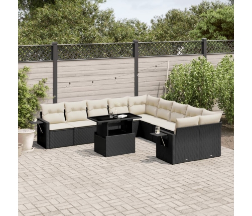 Set de sofás de jardín 11 pzas y cojines ratán sintético negro