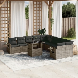 Set de sofás de jardín 11 pzas y cojines ratán sintético gris