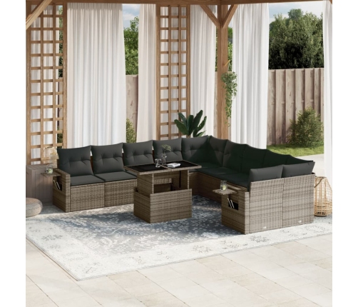 Set de sofás de jardín 11 pzas y cojines ratán sintético gris
