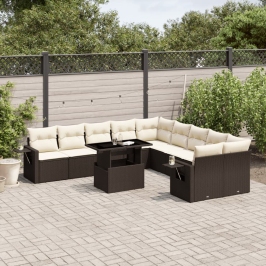 Set de sofás de jardín 11 pzas cojines ratán sintético marrón