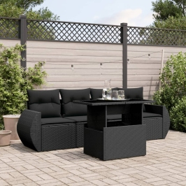 Set de muebles de jardín 5 pzas y cojines ratán sintético negro