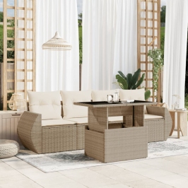 Juego de sofás jardín con cojines 5 pzas ratán sintético beige