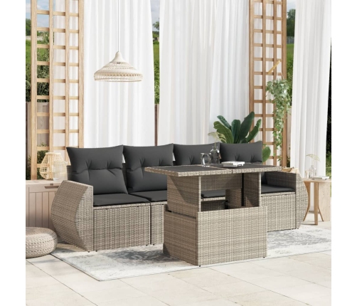 Set de sofás jardín y cojines 5 pzas ratán sintético gris claro