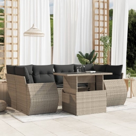Set de sofás de jardín 7 pzas con cojines ratán PE gris claro