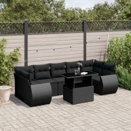 Set de sofás de jardín 8 piezas y cojines ratán sintético negro