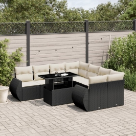 Set de sofás de jardín 8 piezas y cojines ratán sintético negro