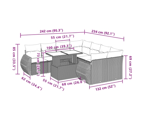 Set de sofás de jardín 9 pzas con cojines ratán sintético beige