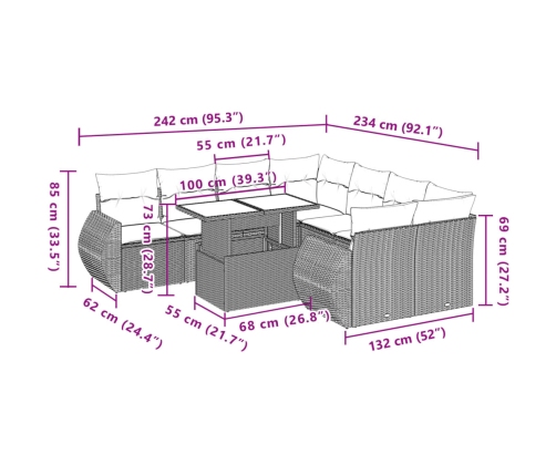 Set de sofás de jardín 9 pzas con cojines ratán sintético beige