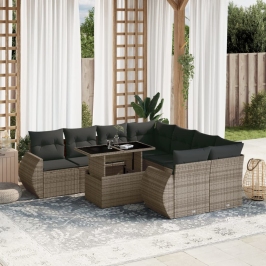 Set de muebles de jardín 9 pzas y cojines ratán sintético gris