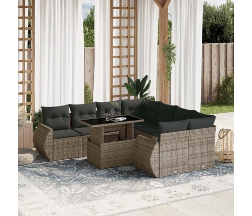 Set de muebles de jardín 9 pzas y cojines ratán sintético gris