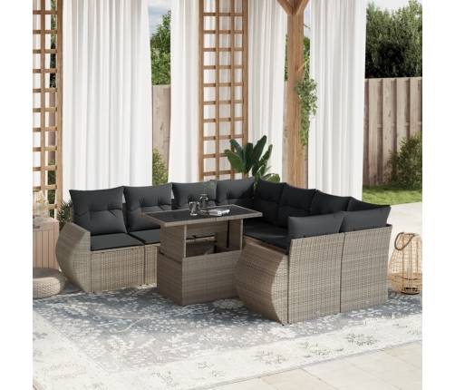 Set muebles jardín 9 pzas y cojines ratán sintético gris claro
