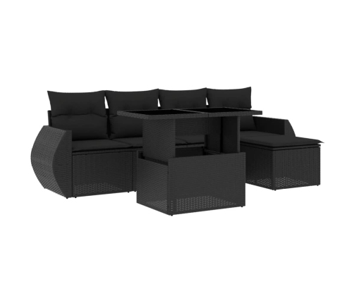 Set de sofás de jardín 6 piezas y cojines ratán sintético negro