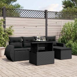 Set de sofás de jardín 6 piezas y cojines ratán sintético negro