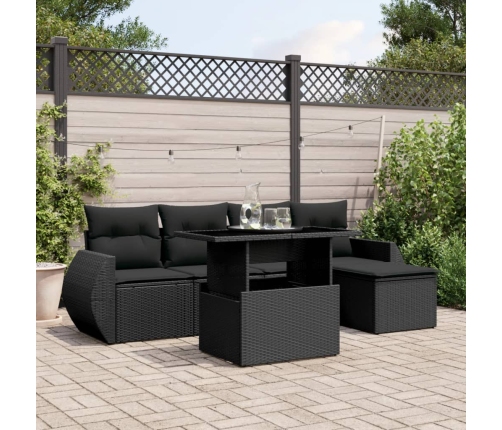 Set de sofás de jardín 6 piezas y cojines ratán sintético negro