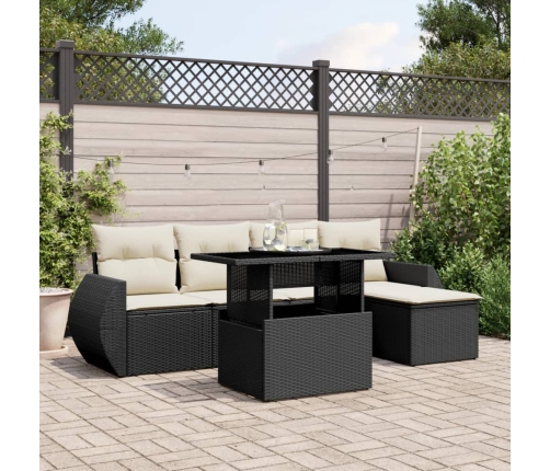 Set de sofás de jardín 6 piezas y cojines ratán sintético negro