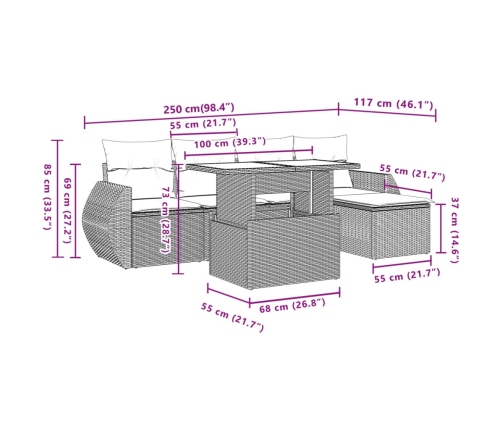 Set de muebles de jardín 6 pzas y cojines ratán sintético gris