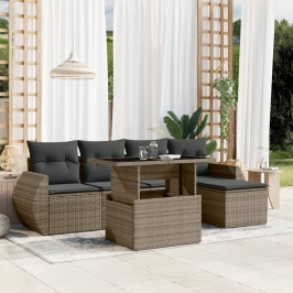 Set de muebles de jardín 6 pzas y cojines ratán sintético gris