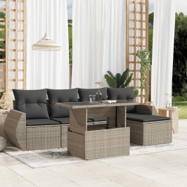 Set de sofás de jardín 6 pzas y cojines ratán sintético gris