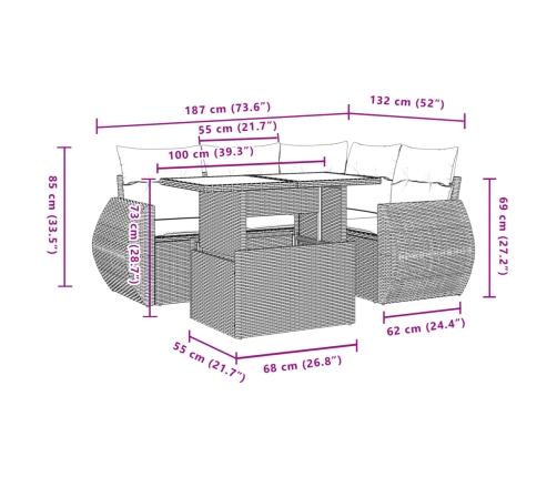 Set de muebles de jardín 5 pzas y cojines ratán sintético negro