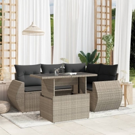 Set de sofás jardín y cojines 5 pzas ratán sintético gris claro