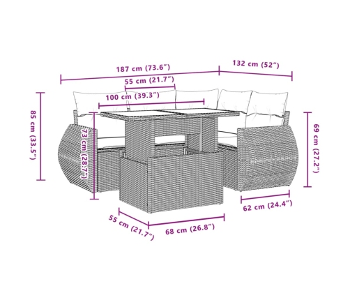 Set comedor de jardín 5 piezas y cojines ratán sintético marrón