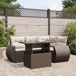 Set comedor de jardín 5 piezas y cojines ratán sintético marrón