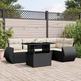 Set de sofás de jardín 6 piezas y cojines ratán sintético negro