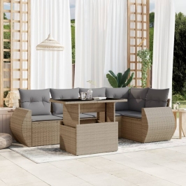 Juego de sofás jardín con cojines 6 pzas ratán sintético beige