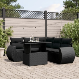 Set de sofás de jardín 6 piezas y cojines ratán sintético negro