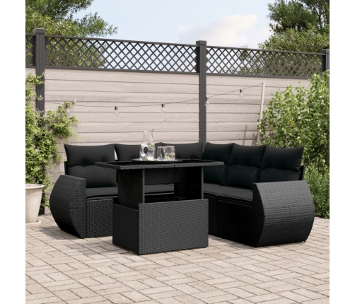Set de sofás de jardín 6 piezas y cojines ratán sintético negro
