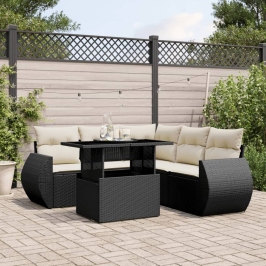 Set de sofás de jardín 6 piezas y cojines ratán sintético negro