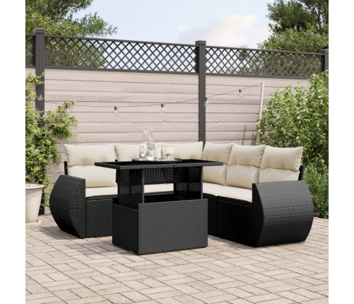 Set de sofás de jardín 6 piezas y cojines ratán sintético negro