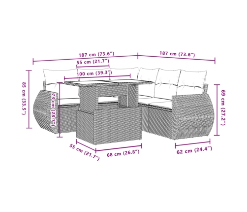Set de sofás de jardín 6 pzas y cojines ratán sintético gris