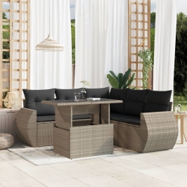 Set de sofás de jardín 6 pzas y cojines ratán sintético gris