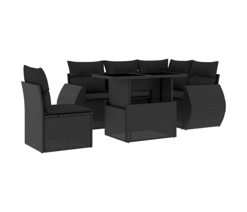Set de sofás de jardín 6 piezas y cojines ratán sintético negro