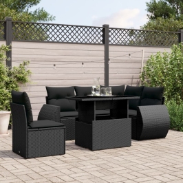 Set de sofás de jardín 6 piezas y cojines ratán sintético negro