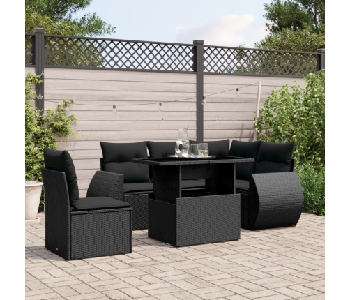 Set de sofás de jardín 6 piezas y cojines ratán sintético negro