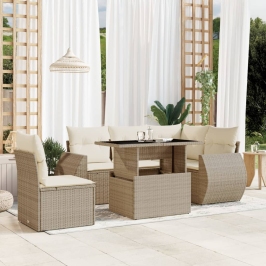 Juego de sofás jardín con cojines 6 pzas ratán sintético beige