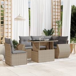 Juego de sofás jardín con cojines 6 pzas ratán sintético beige
