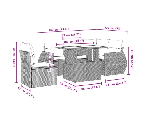 Set de muebles de jardín 6 pzas y cojines ratán sintético gris