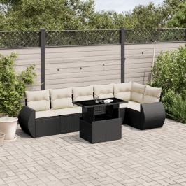 Set de sofás de jardín 7 pzas con cojines ratán sintético negro