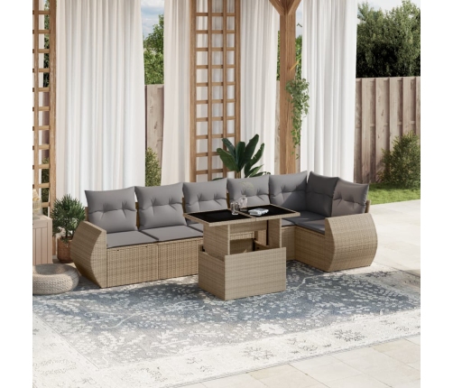 Set sofás de jardín 7 piezas y cojines ratán sintético beige