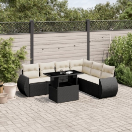 Set de sofás de jardín 7 pzas con cojines ratán sintético negro