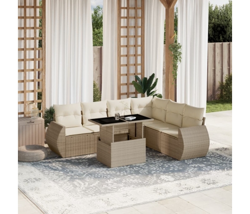 Set sofás de jardín 7 piezas y cojines ratán sintético beige