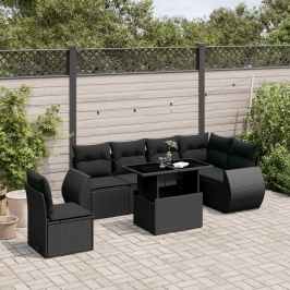 Set de sofás de jardín 7 pzas con cojines ratán sintético negro