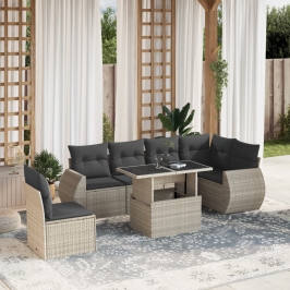 Set de sofás de jardín 7 pzas con cojines ratán PE gris claro