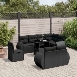 Set de sofás de jardín 8 piezas y cojines ratán sintético negro