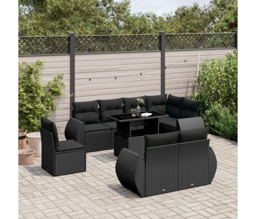 Set de sofás de jardín 8 piezas y cojines ratán sintético negro